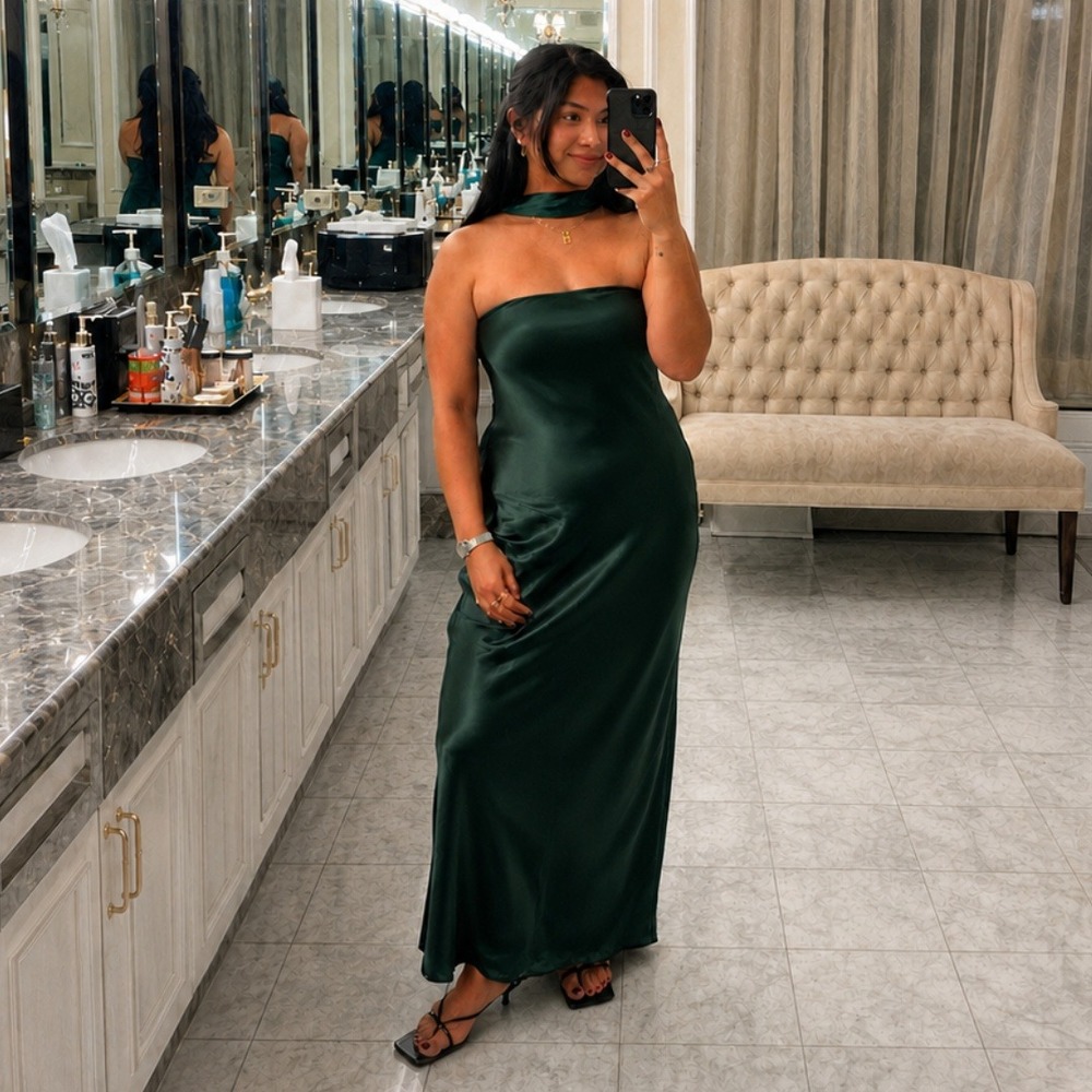 Reformation | NWT Oren 100% Silk Maxi Dress with Scarf in Forest Green | XL
